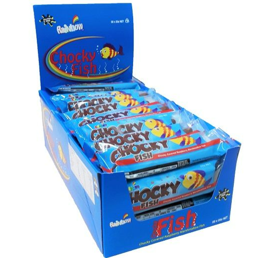Rainbow Chocky Fish box containing 50 individually wrapped raspberry marshmallow fish coated in milk chocolate