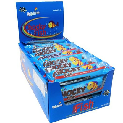Rainbow Chocky Fish box containing 50 individually wrapped raspberry marshmallow fish coated in milk chocolate
