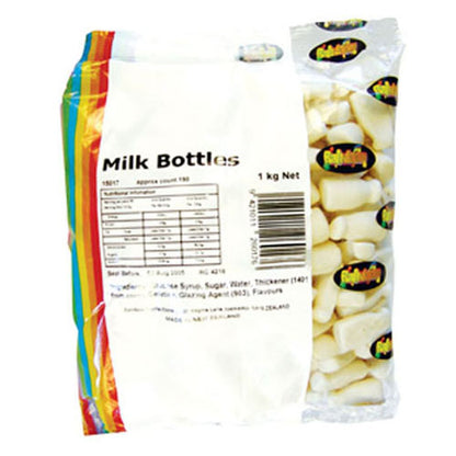 1kg bag of opaque white bottle shaped aerated gummy milk bottle lollies