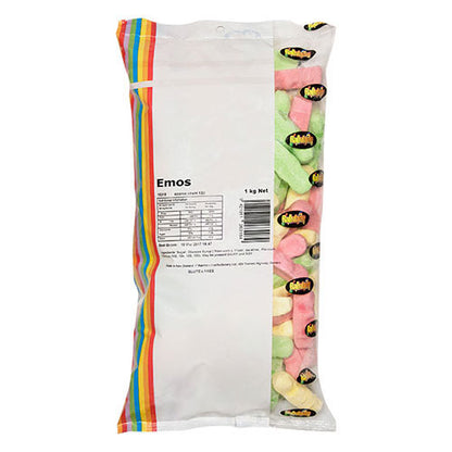 1kg colorful assortment of eskimo shaped grained marshmallow emo lollies in yellow pink and green