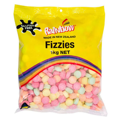 1kg assortment of colorful round fizzy tablet lollies in orange, raspberry, lime, and pineapple flavors
