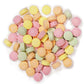 Assortment of colorful round fizzy tablet lollies in orange, raspberry, lime, and pineapple flavors