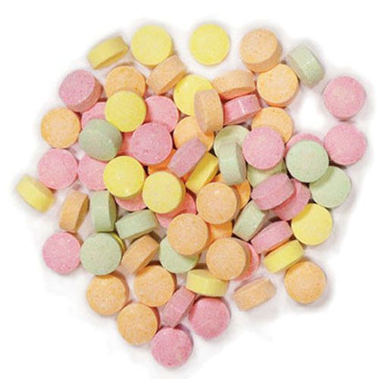 Assortment of colorful round fizzy tablet lollies in orange, raspberry, lime, and pineapple flavors