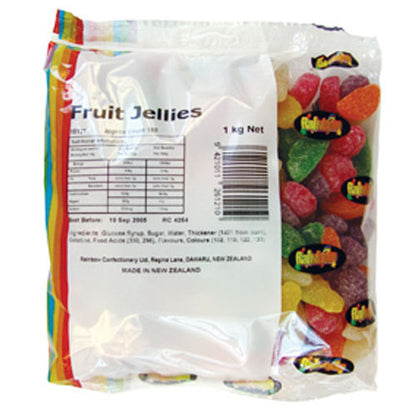 1kg colorful assortment of sugar coated fruit shaped jelly lollies in multiple flavors