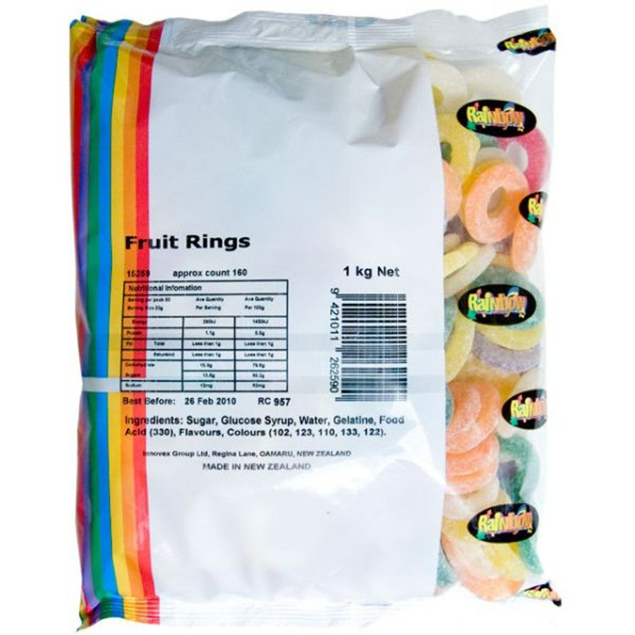 Rainbow Fruit Rings assorted chewy gummy fruit flavoured ring lollies in colourful mix