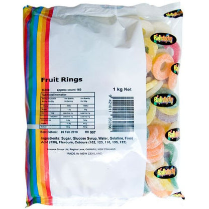 Rainbow Fruit Rings assorted chewy gummy fruit flavoured ring lollies in colourful mix