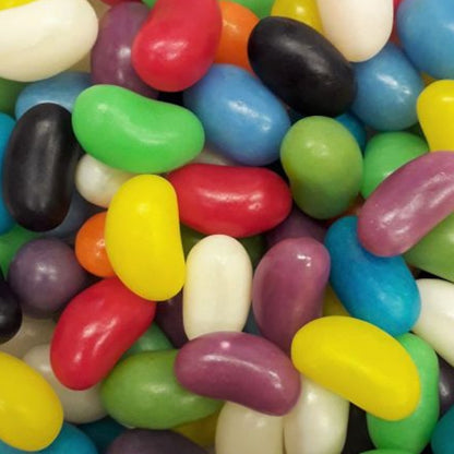 A vibrant collection of large multi colored giant jelly beans in assorted fruit flavors