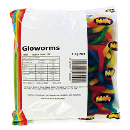 A 1kg bag of multi colored neon worm shaped gummy lollies in mixed fruit flavors