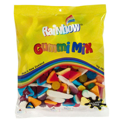 1kg vibrant assortment of various colorful gummy lolly shapes and fruit flavors mixed together