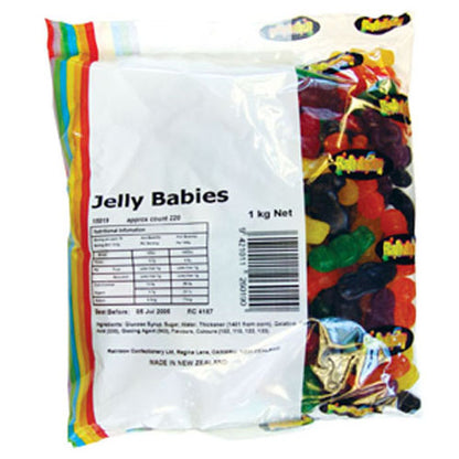A 1kg assortment of classic jelly baby shaped gummy lollies in a variety of fruit flavors