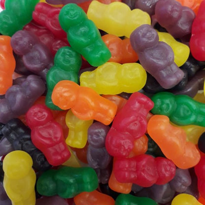 A colorful assortment of classic jelly baby shaped gummy lollies in a variety of fruit flavors