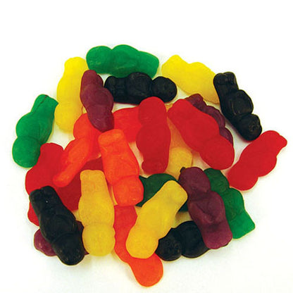 Colorful assortment of classic jelly baby shaped gummy lollies in a variety of fruit flavors