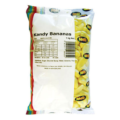 1kg bag of yellow banana shaped grained marshmallow kandy banana lollies