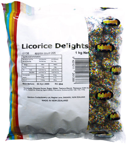 1kg bag of dome shaped licorice flavored jelly lollies completely coated in colorful hundreds and thousands sprinkles