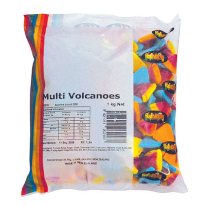 1kg of Rainbow Multi Volcanoes showing vibrant pyramid shaped aerated gummy lollies with red sour tops