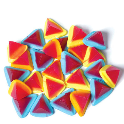 A pile of Rainbow Multi Volcanoes showing vibrant pyramid shaped aerated gummies with red sour tops