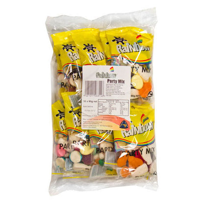 A multi-pack box of Rainbow Party Mix showing ten individual 90g bags filled with assorted colorful gummy shapes and marshmallow milk bottles.