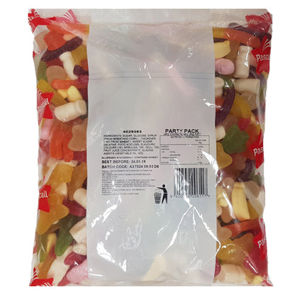 A 1kg colorful assortment of Rainbow Party Mix featuring different shaped gummy candies and white grained marshmallow milk bottles.
