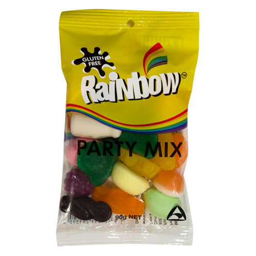 A multi-pack box of Rainbow Party Mix - ten individual 90g bags filled with assorted colorful gummy shapes and marshmallow milk bottles.