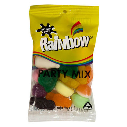 A multi-pack box of Rainbow Party Mix - ten individual 90g bags filled with assorted colorful gummy shapes and marshmallow milk bottles.