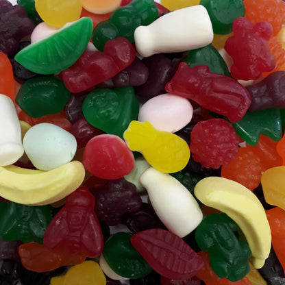 Multi-pack box of Rainbow Party Mix showing ten individual 90g bags filled with assorted colorful gummy shapes and marshmallow milk bottles.