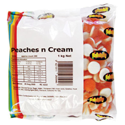 Delicious peach shaped gummy candies with a soft white cream foam backing lightly coated in sugar. 1kg.