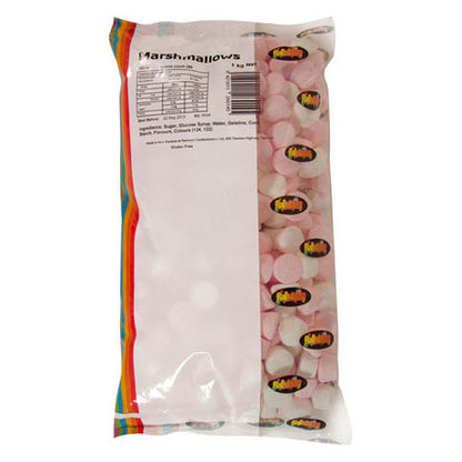 1kg of soft pink and white pillowy marshmallow lollies in vanilla and raspberry flavors