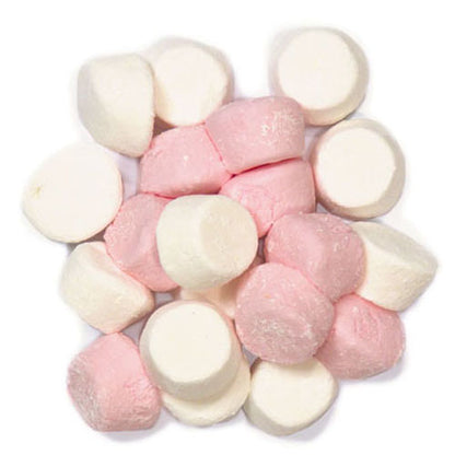 Soft pink and white pillowy marshmallow lollies in vanilla and raspberry flavors