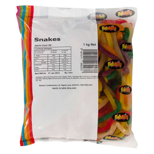 A vibrant 1kg mix of multi-colored Rainbow Snakes featuring long, stretchy snake-shaped gummy candies in six distinct fruit flavors.