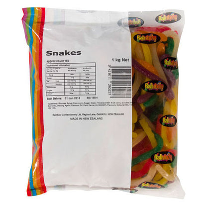 A vibrant 1kg mix of multi-colored Rainbow Snakes featuring long, stretchy snake-shaped gummy candies in six distinct fruit flavors.