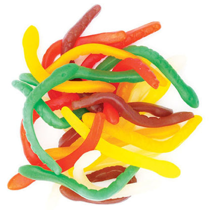 A mix of multi-colored Rainbow Snakes featuring long, stretchy snake-shaped gummy candies in six distinct fruit flavors.
