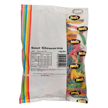 A colorful 1kg assortment of Rainbow Sour Gloworms featuring vibrant worm-shaped gummy candies dusted with a fine sour sugar coating.