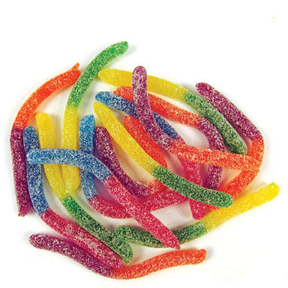 A colorful assortment of Rainbow Sour Gloworms featuring vibrant worm-shaped gummy candies dusted with a sour sugar coating.