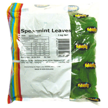 Rainbow Spearmint Leaves 1kg chewy spearmint flavoured gummy lollies in a bulk bag