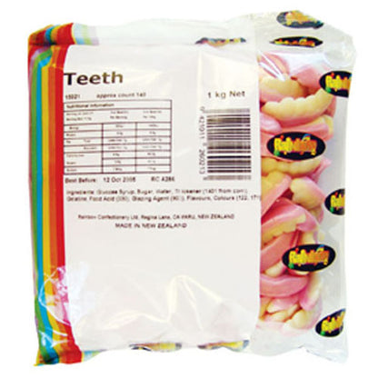 Rainbow Teeth 1kg milk flavoured teeth shaped gummy lollies in a bulk bag