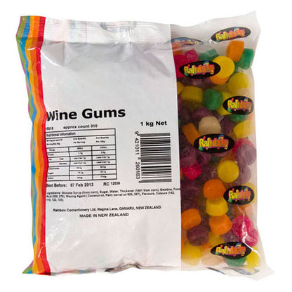 Rainbow Wine Gums 1kg bulk bag chewy fruit flavoured gummy lollies
